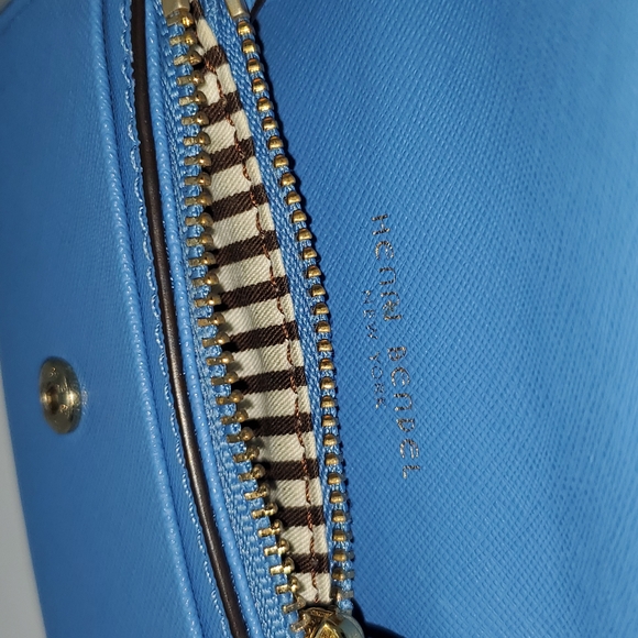 HENRI BENDEL Sky Blue Centennial Stripe Leather Keychain Wallet Coin Purse - Picture 7 of 10